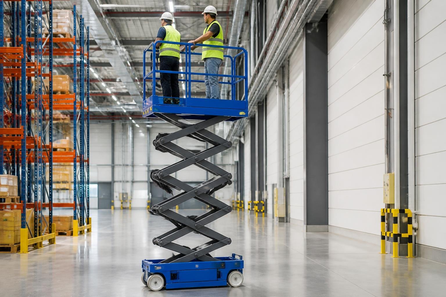 Narrow electric slab scissor lift with non-marking tyres elevated inside a warehouse in Saudi Arabia