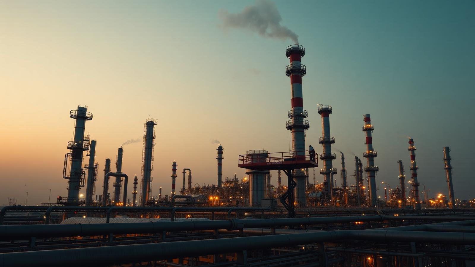 Elevated work platform raised beside pipework and steel structures at a refinery in the Eastern Province