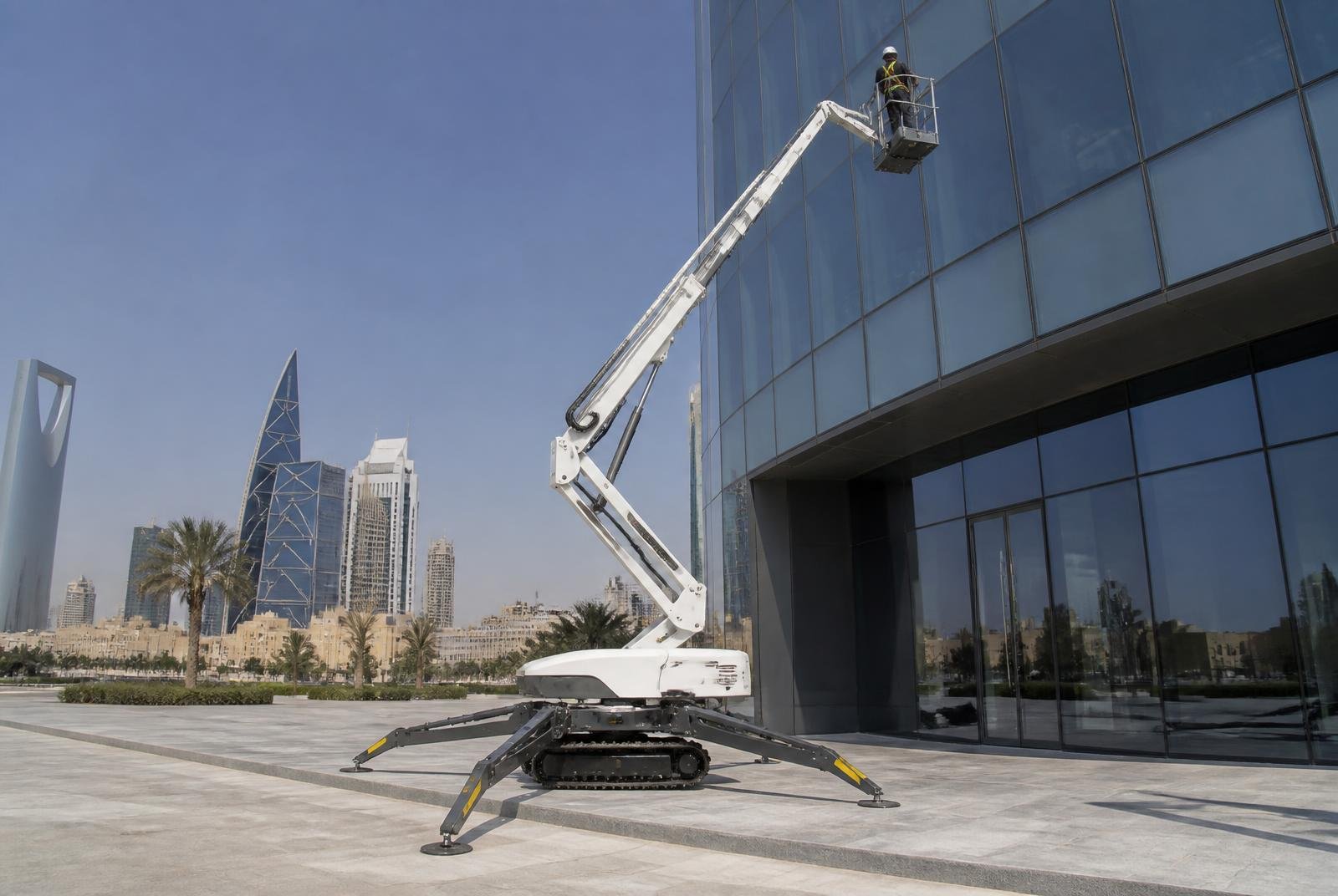 Spider aerial platform with articulated telescopic boom extended on outriggers beside a glass tower in Riyadh